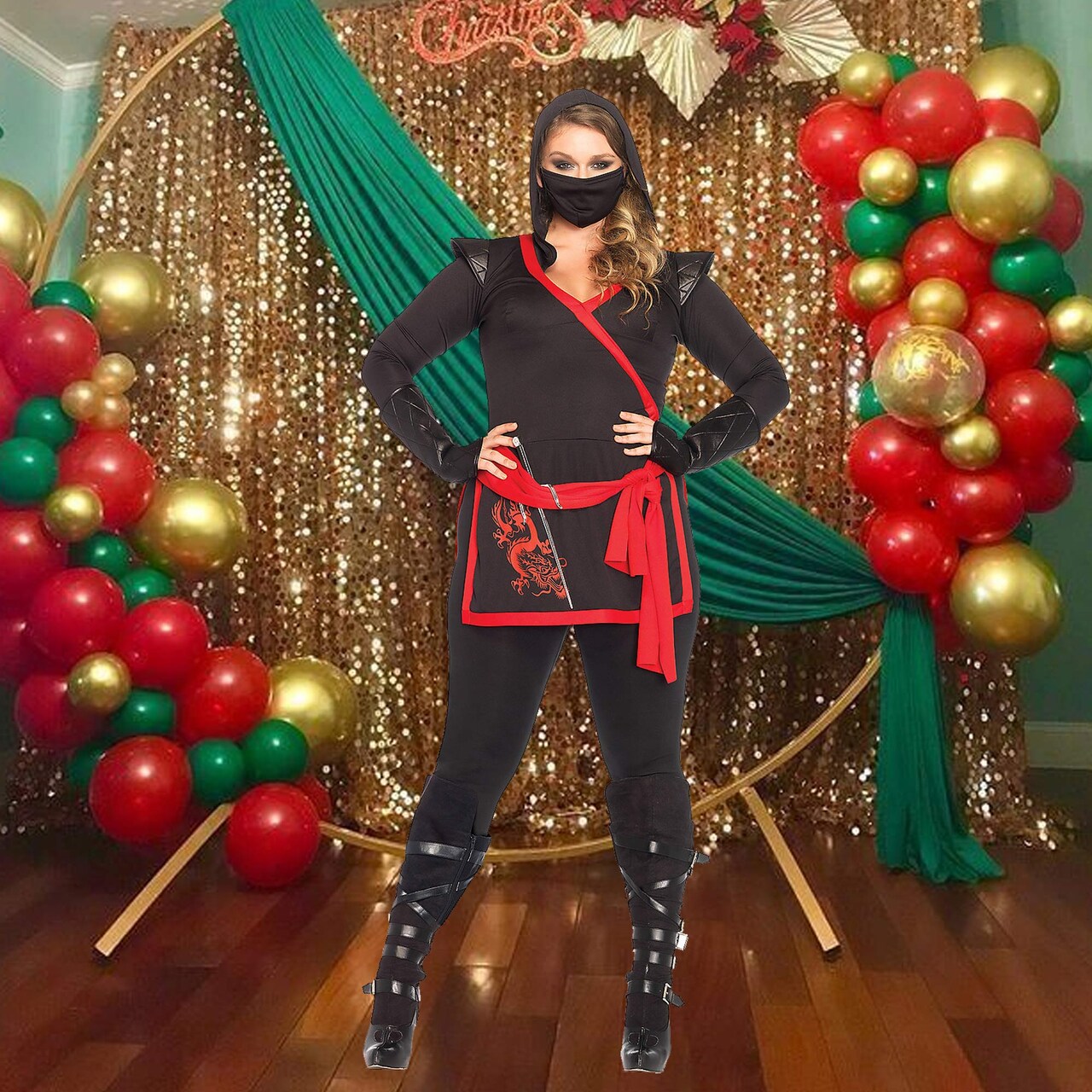 4 Pieces Ninja Assassin Costume, Black & Red Stealth Warrior Outfit
